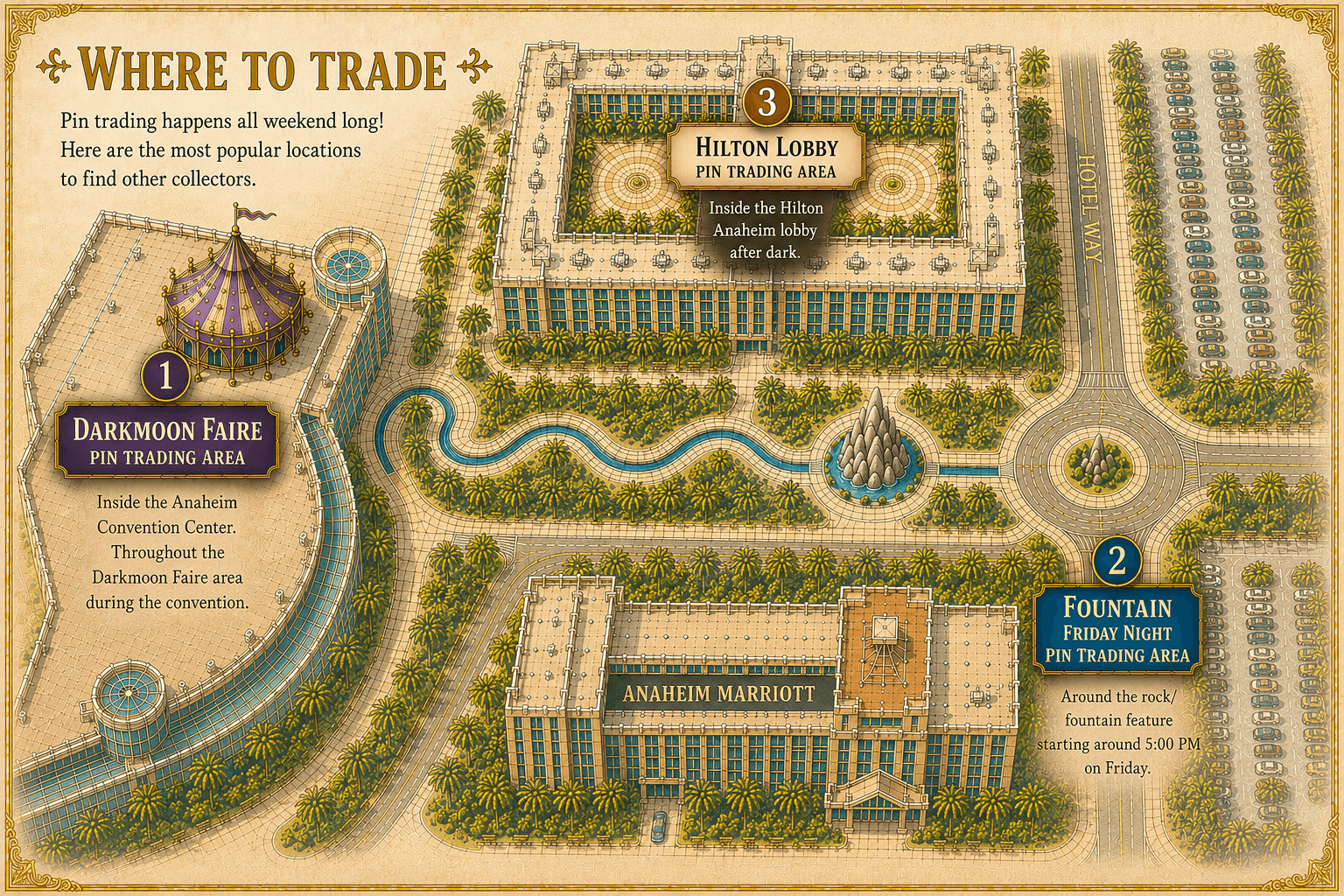 Map showing popular BlizzCon pin trading locations including the Darkmoon Faire, Friday night fountain trading area, and Hilton lobby